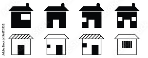 Simple house or home icon set. Set of black houses symbols. Main page pictogram in filled, thin line, outline and stroke style. Vector illustrations.
