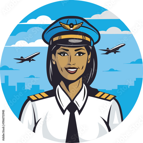 Confident female airline pilot smiling in uniform with planes flying over city skyline