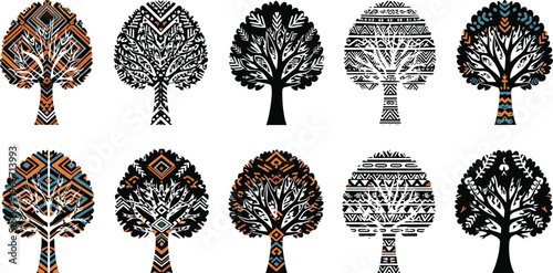 Boho Patterned Tree Icon Set with Intricate Line Art, Tribal Designs, and Earthy Motifs for Nature-Inspired Artwork.