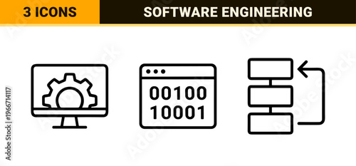 DevOps and Software Development Monoline Outline Icons featuring Minimalist Geometric Line Art for Engineering and Cloud Computing