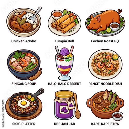Traditional Filipino food collection featuring iconic dishes on white background vector illustration
