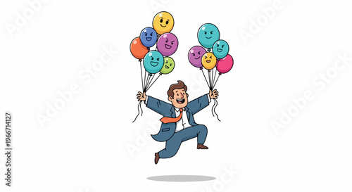 A cartoon man in a blue suit jumps in the air holding multiple colorful balloons with smiley faces on a white background.