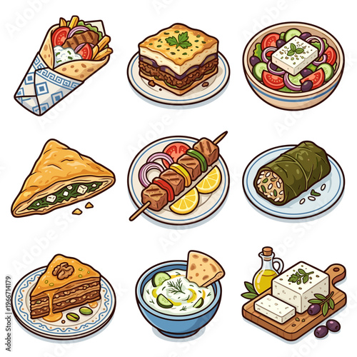 Traditional Greek food collection featuring moussaka gyro and souvlaki vector style illustration