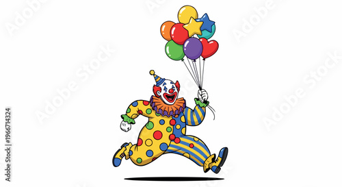 A cartoon clown in a colorful costume runs while holding a bunch of multicolored balloons against a plain white background.