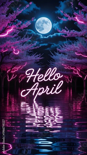Hello April Neon Script Text with Cherry Blossom Trees Full Moon Water Reflection Dark Night Spring Wallpaper