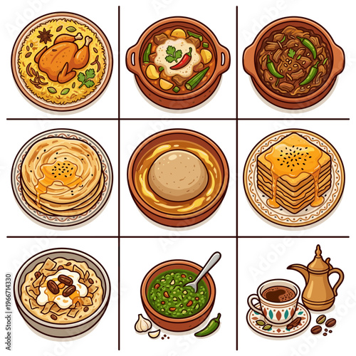 Traditional Middle Eastern and Arabic food dishes set vector illustration on white background