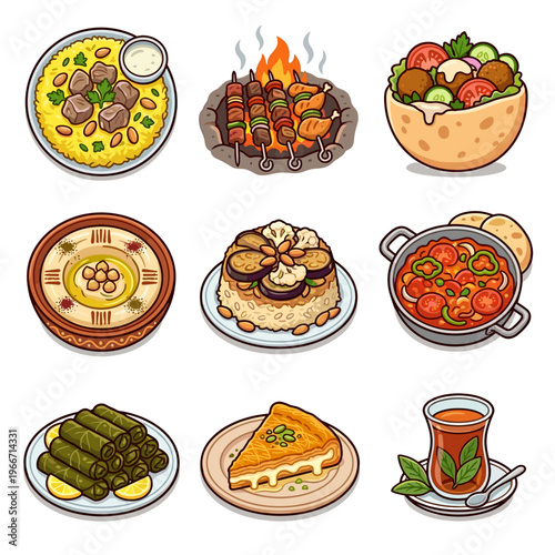 Traditional Middle Eastern food collection featuring hummus falafel and kebabs vector illustration