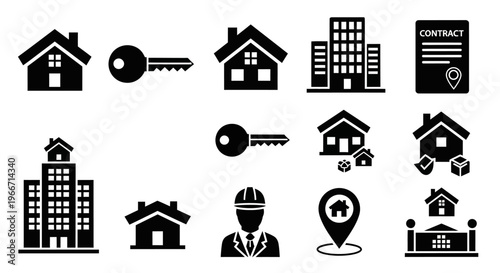 Real Estate Property Silhouette Icon Set House Building Vector Isolated on White