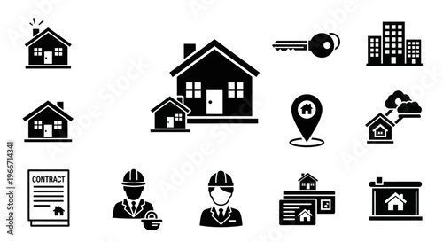 Real Estate Property Silhouette Icon Set House Building Vector Isolated on White