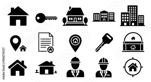 Real Estate Property Silhouette Icon Set House Building Vector Isolated on White