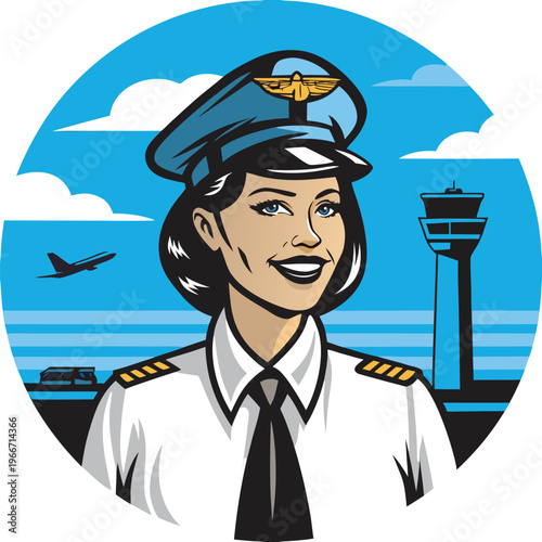 Professional smiling female pilot stands proudly with an airport control tower and airplane in the sky