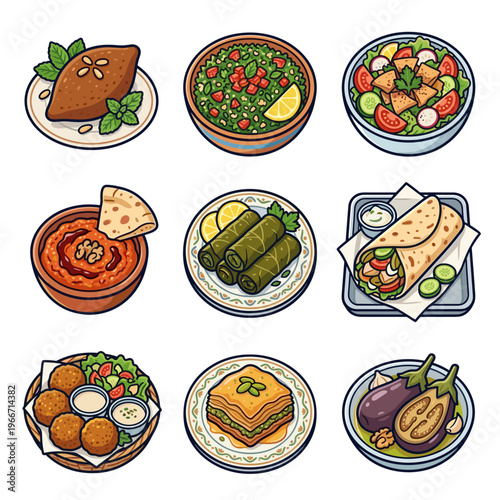 Traditional Middle Eastern food icons set isolated on white background vector illustration