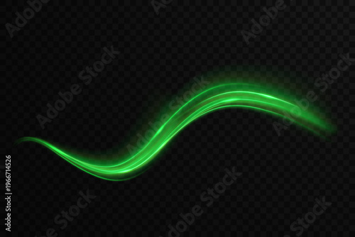 Green light spiral with space aura and glowing sparkles. Magic comet with sparkling dust shimmering light effects. Elegant green swirl PNG for holiday decoration and creative art.