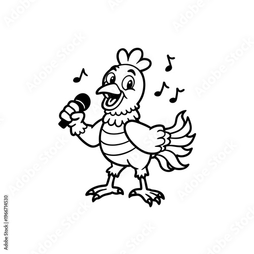 A cartoon chicken character singing into a microphone with musical notes, black and white line art illustration.