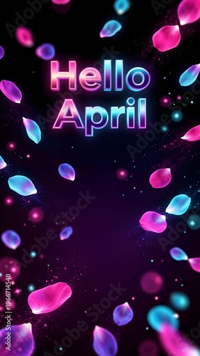 Hello April Neon 3D Text Surrounded by Colorful Glowing Petals on Dark Purple Black Background Wallpaper