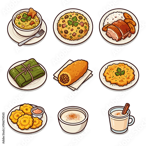 Traditional Puerto Rican cuisine dishes collection isolated on white background vector illustration