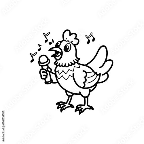 A black and white cartoon drawing of a happy chicken singing into a microphone with musical notes floating around its head.