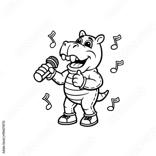 Cartoon hippo character singing into a microphone with musical notes, black and white line art for coloring.