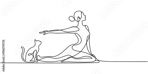 Continuous one line drawing of woman doing yoga downward dog pose with cat on her back minimalist health wellness vector.