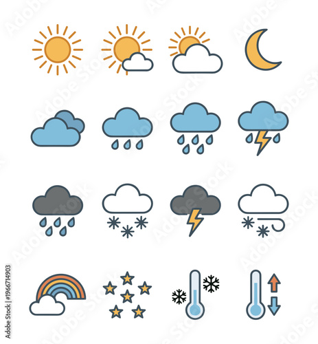 Comprehensive Weather Forecast Icon Set Isolated on White Background, Symbols for Sun, Clouds, Rain, Snow, Thunderstorm, Rainbow, Temperature and Night