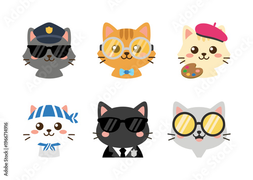 Cute Cat Avatars in Various Professions Set, Vector Illustration of Police, Nerd, Artist, Sailor, Secret Agent and Hipster Kitty Characters for Design