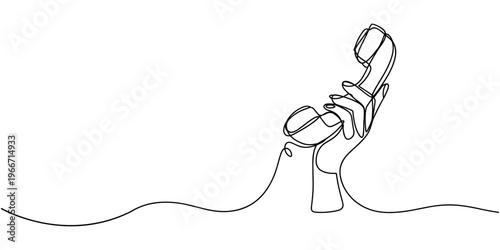 Single one line drawing hand holding a retro telephone receiver with its coiled cord. Pick up a phone call. Old-school technology. National Telephone Day. Continuous line design graphic illustration
