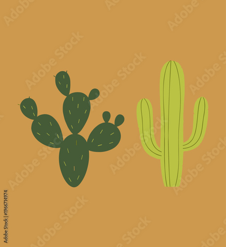 Desert Plants Vector Illustration, Prickly Pear and Saguaro Cactus Icons Isolated on Brown Background for Nature, Travel and Botanical Design Themes