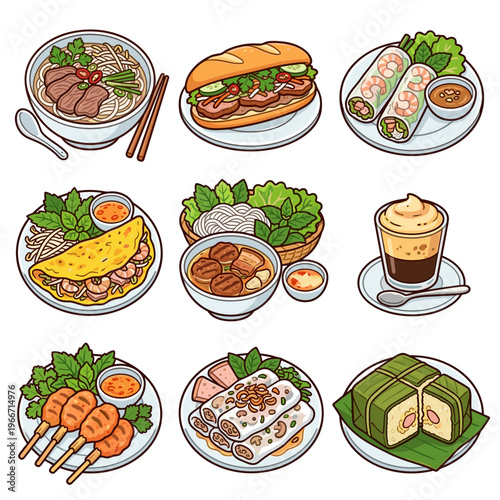 Vietnamese traditional street food icons set featuring pho and banh mi cartoon vector illustration