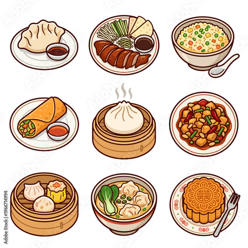 Assorted Chinese food dishes set with dumplings and fried rice vector illustration