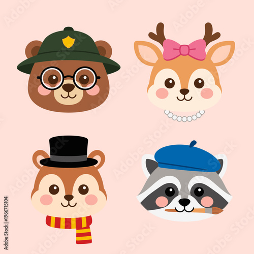 Cute Forest Animals Head Icons Set for Kids, Bear with Glasses Deer with Bow Chipmunk and Raccoon with Brush Vector Character Illustration Collection