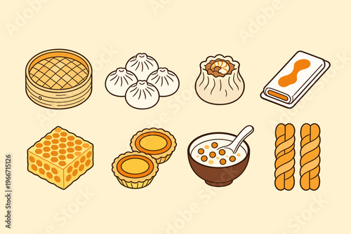 Traditional Chinese Dim Sum Food Icons Set Vector Illustration, Dumplings Shumai Rice Roll Egg Tart Porridge and Fried Dough Sticks Snack Collection