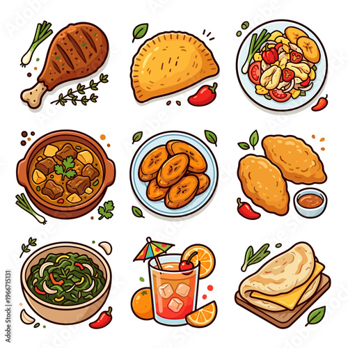 Caribbean and Latin American food dishes set isolated on white background vector illustration