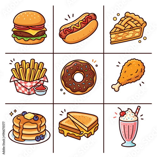 Cartoon fast food icons collection including burger fries and sweets vector illustration