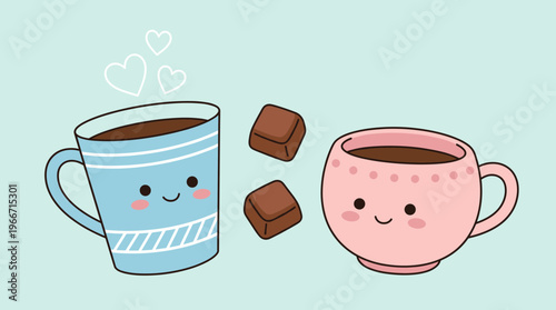 Two Cute Cartoon Coffee Cups and Chocolate Cubes with Heart Shapes, Hot Chocolate or Coffee Drinks with Kawaii Faces Vector Illustration Concept