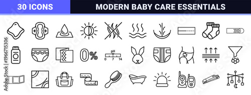 Baby Diaper Features and Infant Care Product Line Art: Minimalist Monoline Geometric Symbols for Packaging and UX Design