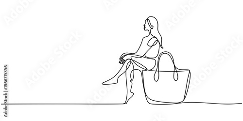 Woman sitting on handbag, box continuous one line vector drawing