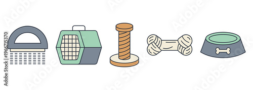 Domestic Pet Care Accessories and Supplies Set Including Grooming Brush, Carrier, Scratching Post, Rope Toy and Food Bowl Vector Illustration
