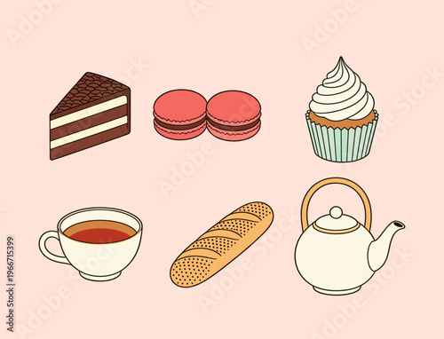 Sweet Bakery and Tea Time Set Including Chocolate Cake, Macarons, Cupcake, Tea Cup, Baguette Bread and Teapot Vector Cartoon Illustration