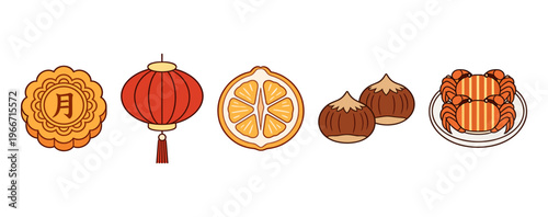 Mid-Autumn Festival Traditional Elements Set, Mooncake, Red Lantern, Orange, Chestnuts and Steamed Crabs Vector Illustrations for Cultural Celebration
