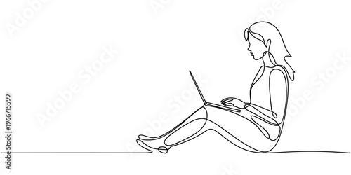 women with laptop continuous one line drawing, one line drawing of businesswoman working on laptop. Middle aged business woman using laptop working on computer sitting at desk
