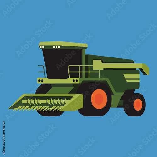 Flat vector illustration of a green combine harvester with orange wheels on a blue background, depicting agricultural machinery for crop harvesting.