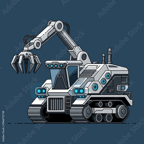 A futuristic white and grey tracked robotic vehicle with a prominent articulated arm and claw gripper, featuring blue glowing lights on a dark background.