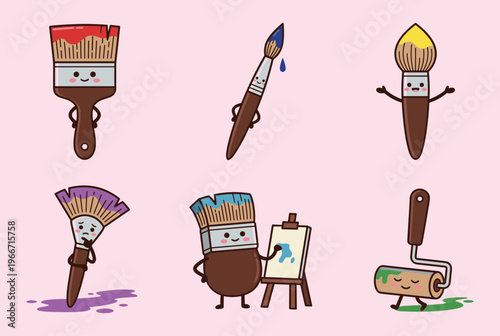 Artistic Paint Brushes and Roller Characters Set, Cute Cartoon Painting Tools for Creative Art Education, Watercolor Brushes and Canvas Vector