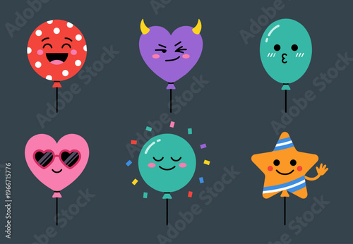 Colorful Cartoon Party Balloons with Cute Faces, Heart Shape, Star Shape and Round Balloons for Birthday Celebration and Holiday Greeting Vector