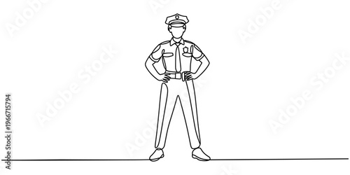 Single continuous line drawing of young beautiful police woman on uniform holding hands on hip. Professional work job occupation. Minimalism concept one line draw graphic design vector illustration