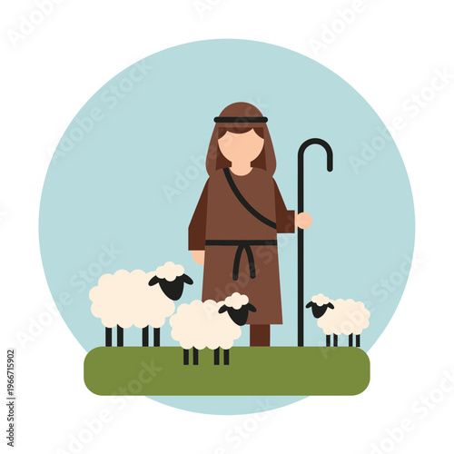 Flat design illustration of a shepherd in brown robes holding a crook, tending to three white sheep on a green patch of grass under a blue sky.