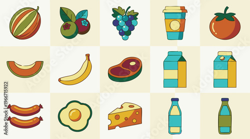 Flat Design Food and Drink Icons Collection on Light Background