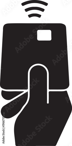 Print Hand holding a contactless payment card or rfid access key card icon