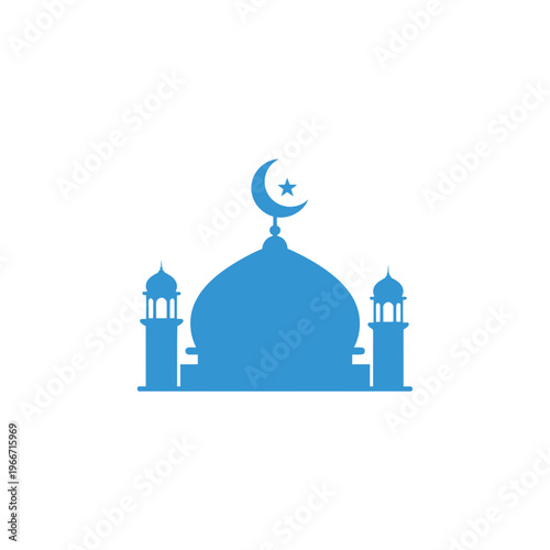 A simple blue silhouette icon of a mosque with a central dome, two minarets, and a crescent moon and star symbol on top, set against a white background.