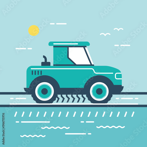 Flat design illustration of a teal street sweeper truck cleaning a road under a bright sky with a yellow sun.